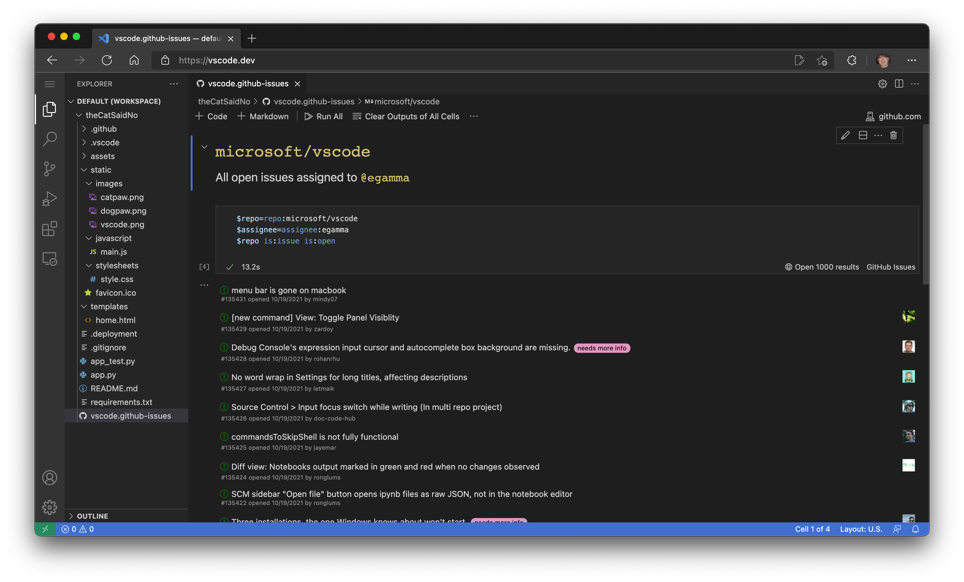 GitHub Issue Notebooks extension running in vscode.dev