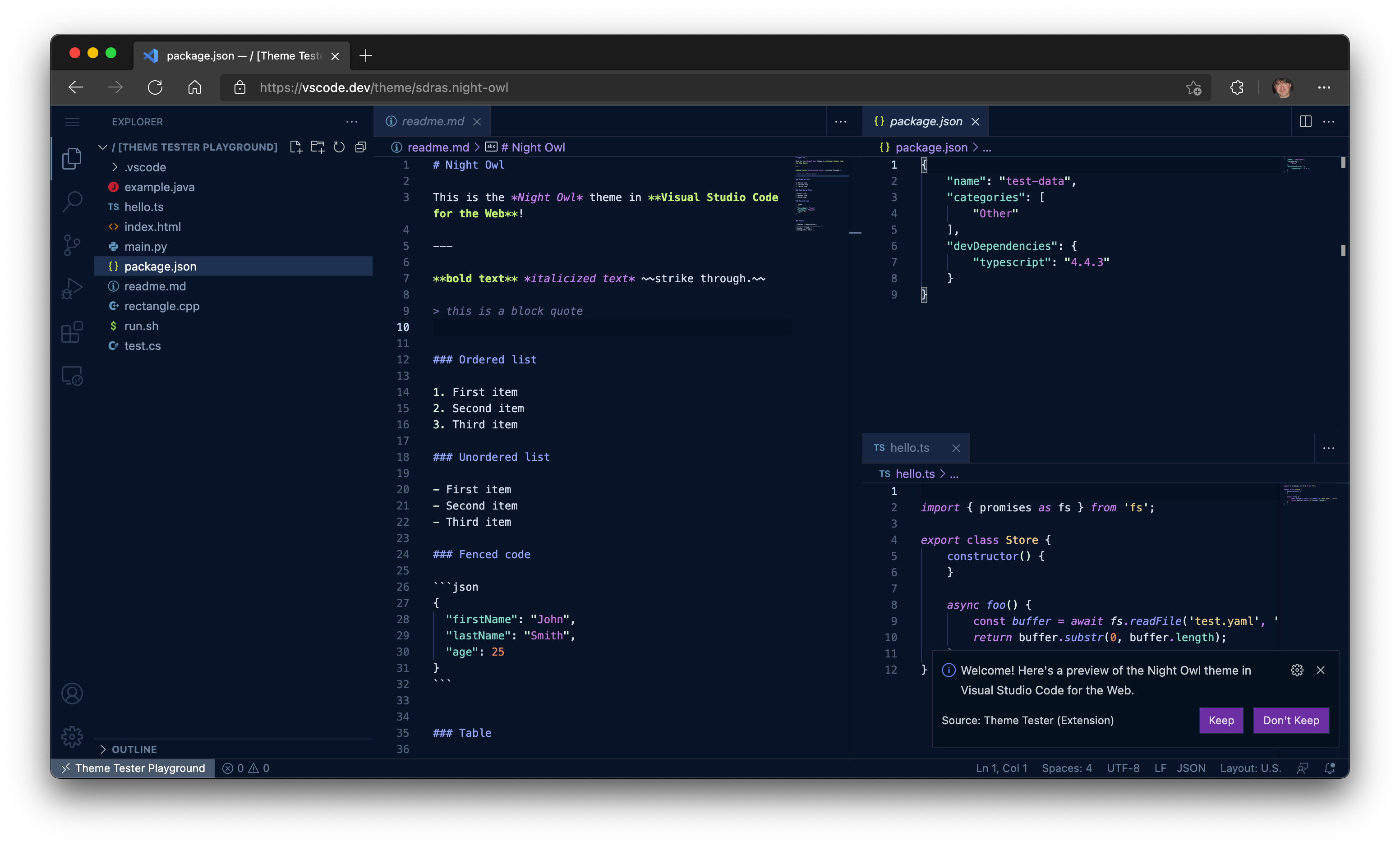 Night Owl color theme in vscode.dev