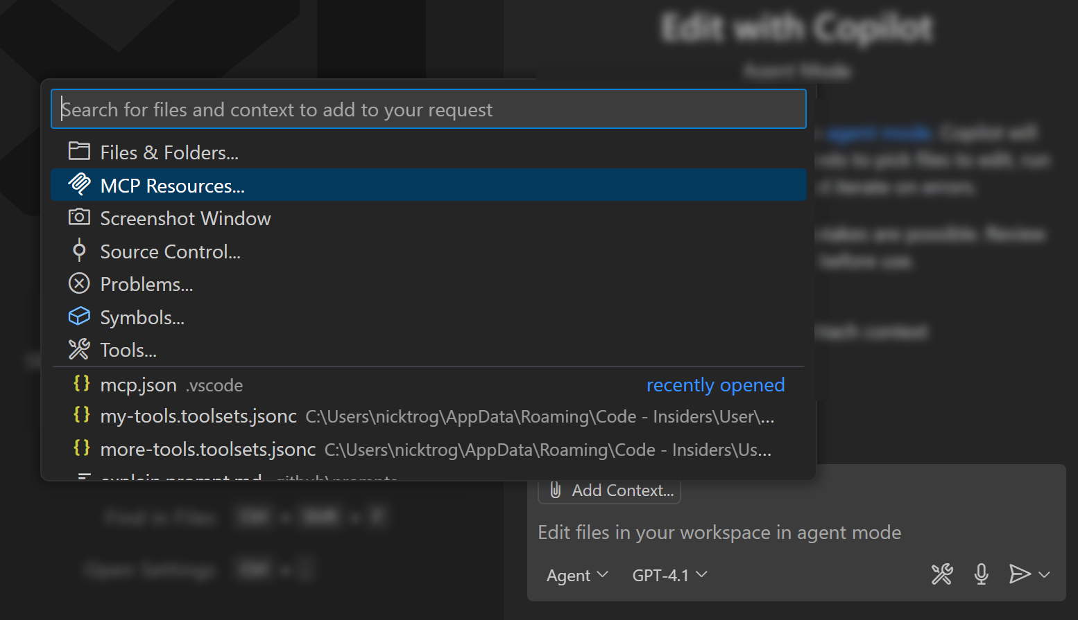 Screenshot of the context picker, highlighting the option to select an MCP resource.