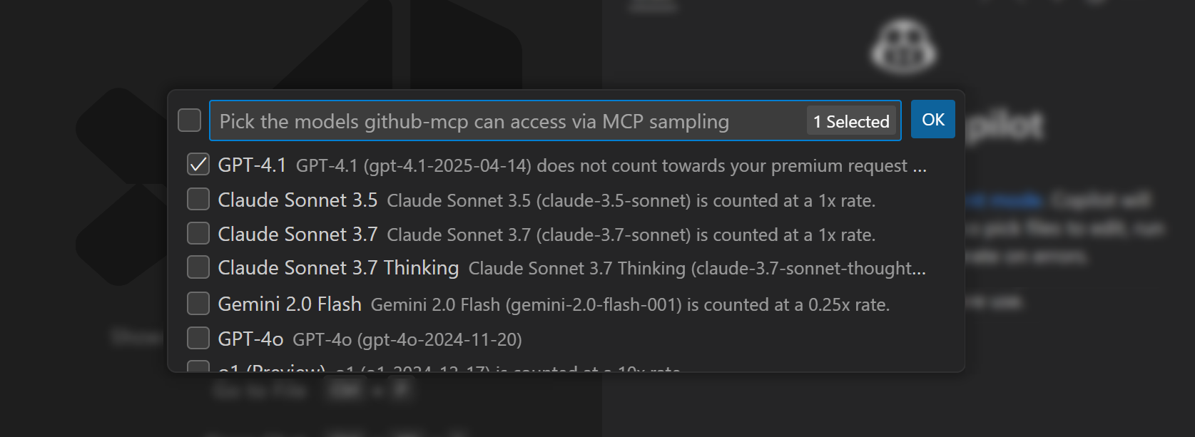 Screenshot of the model picker for indicating which models an MCP server can use for sampling.
