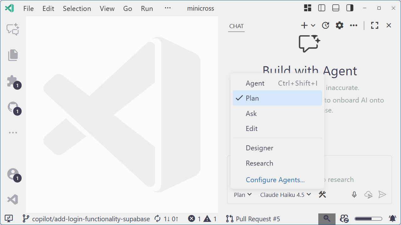 Copilot chat in VS Code with Plan agent dropdown highlighted, planning guidance beside dark theme editor, label reads Plan for a focused tone.