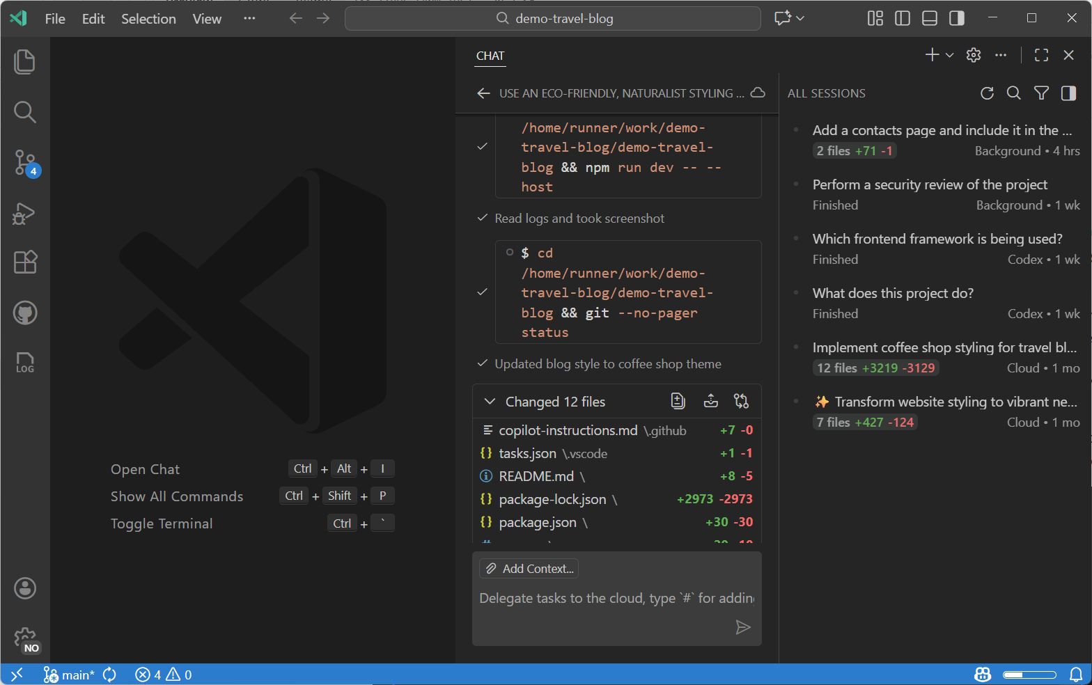 Screenshot of an agent session in VS Code showing code changes and chat interaction.