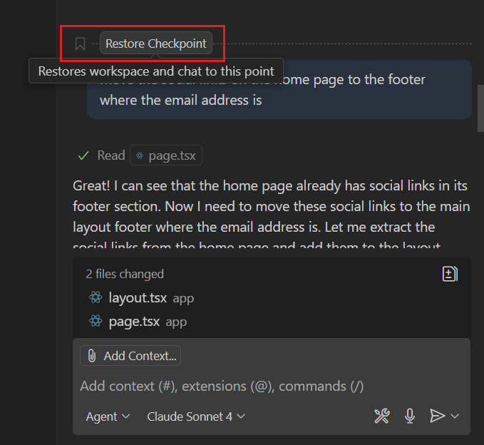 Screenshot of the Chat view, showing the Restore Checkpoint action in the Chat view.
