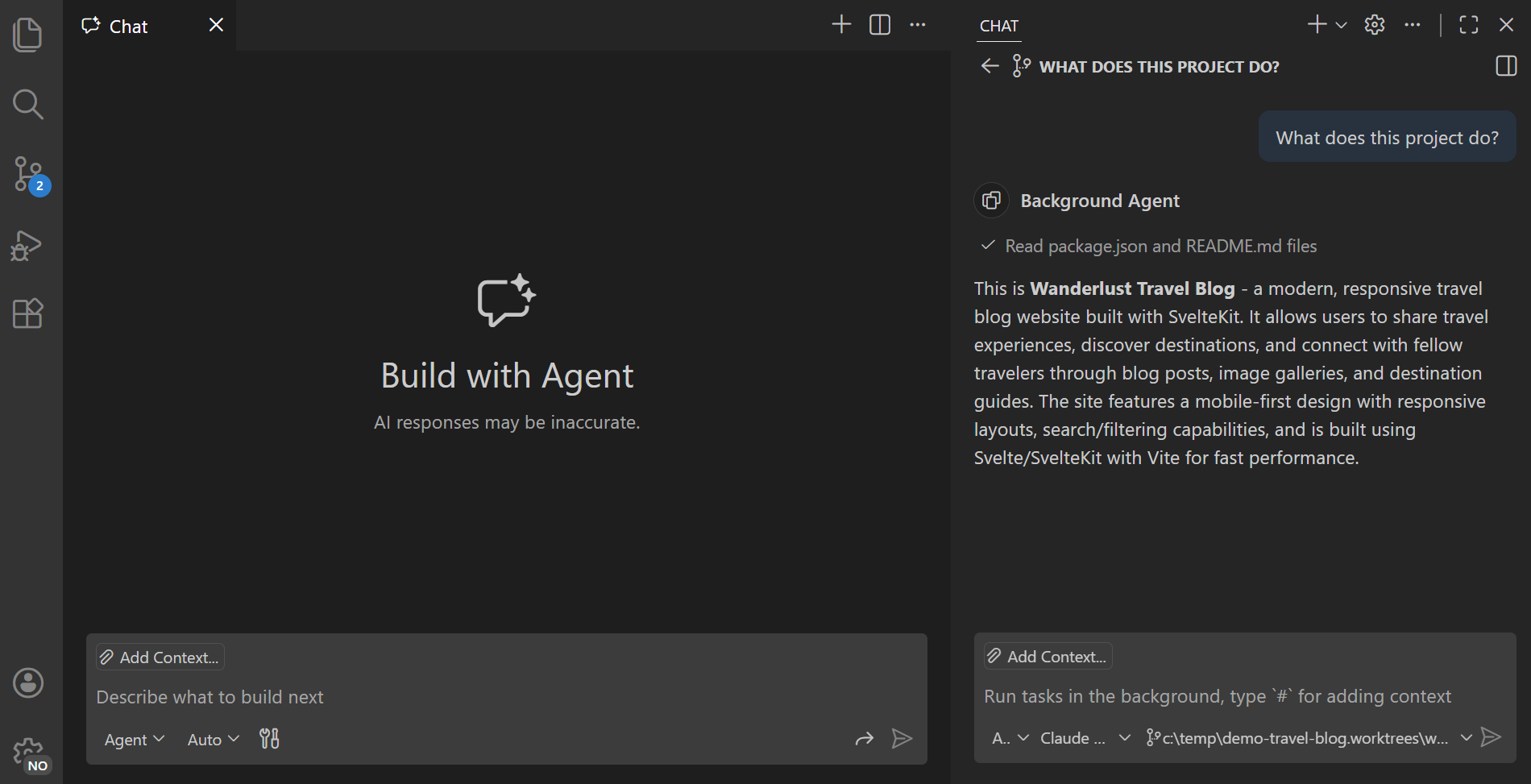 Screenshot of opening a new background agent session in the Chat view in VS Code.