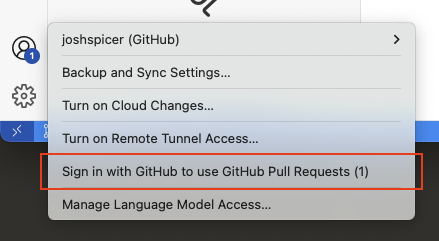Screenshot showing the accounts menu, highlighting the sign in to GitHub Pull Request action.