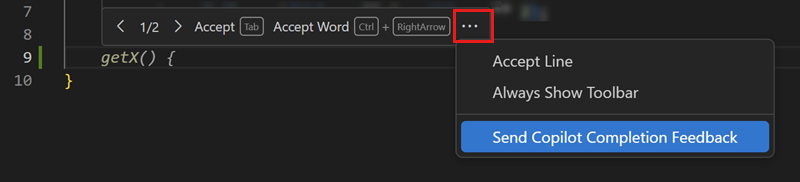 Screenshot that shows sending Copilot Ghost Text Feedback action in the editor.