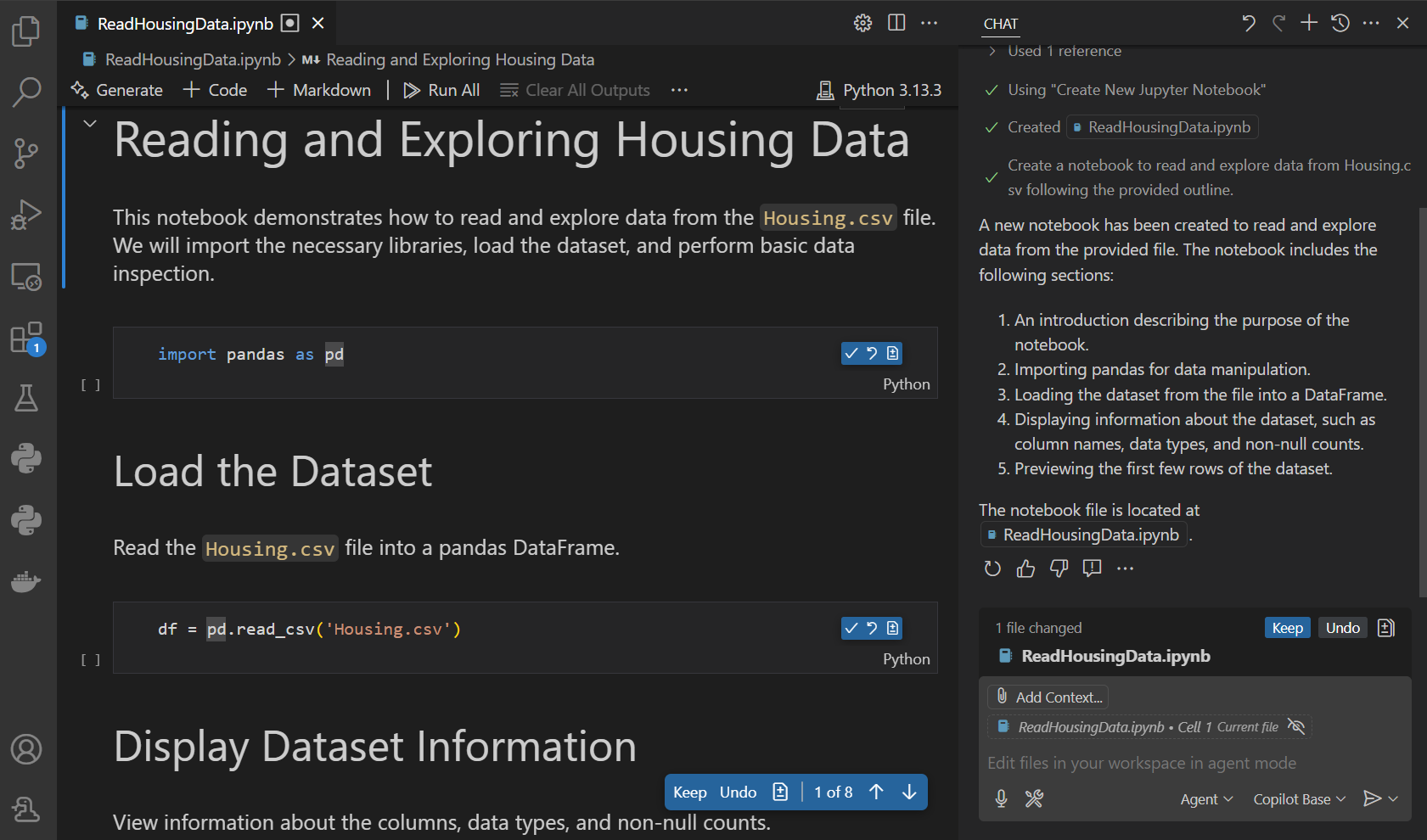 Screenshot that shows a new notebook created by the agent that reads the 'housing.csv' file in the workspace.