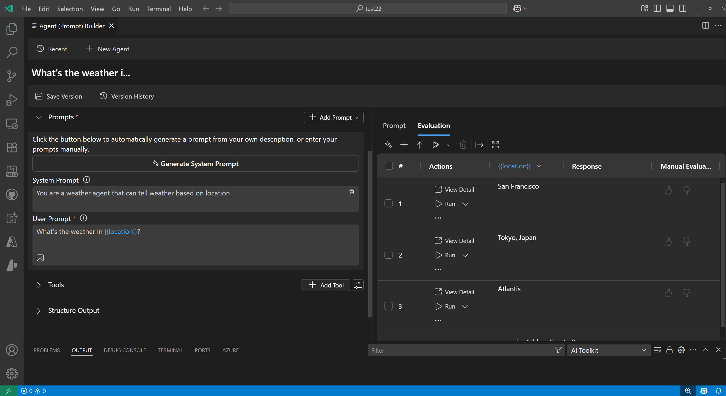 Screenshot showing AI Toolkit interface with the bulk run feature. The dataset table displays multiple prompts and responses, with queries about weather in Paris France and Shanghai China.