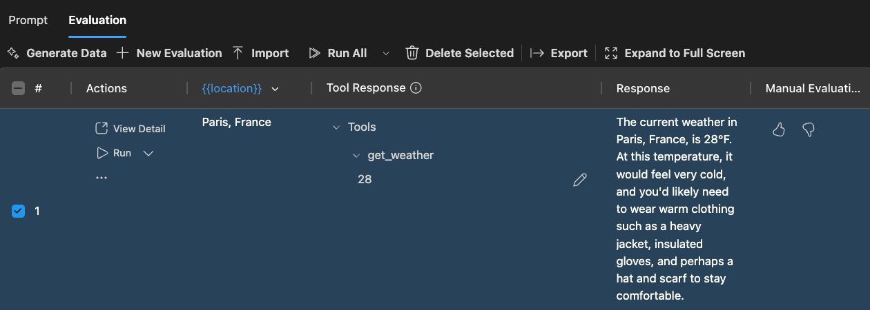 Screenshot showing AI Toolkit interface with dataset operations and a table of evaluation results.