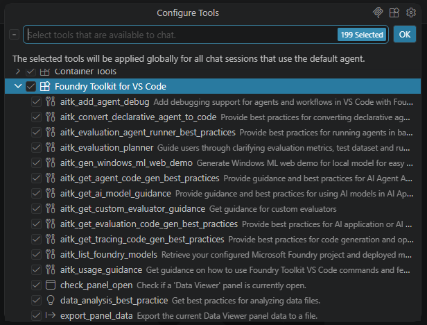 Screenshot showing the Chat view in Visual Studio Code with Agent mode selected. The Tools button is highlighted, displaying a list of available tools including Agent Code Gen, AI Model Guide, Evaluation Code Gen, and Tracing Code Gen.