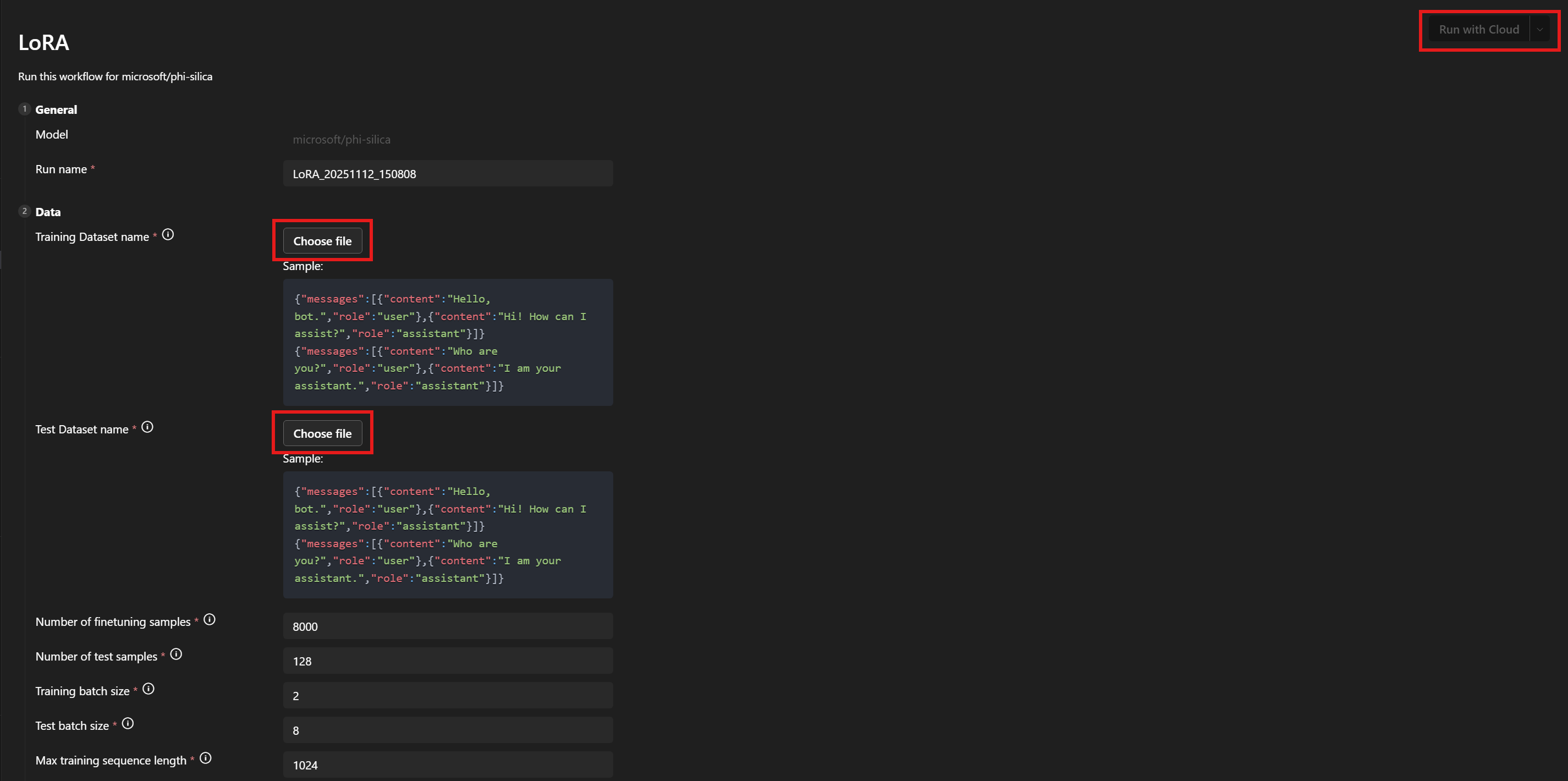 Screenshot of filling fine-tuning job parameters.