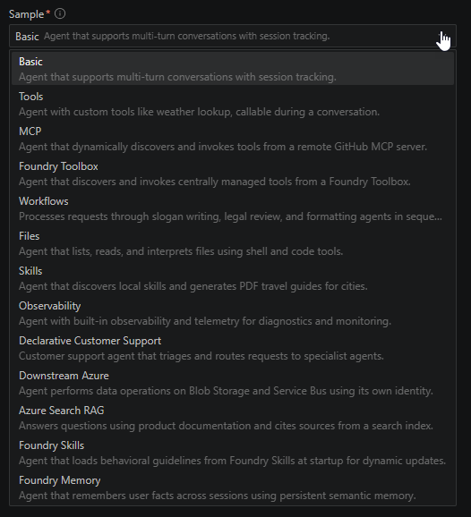 Screenshot showing list of sample projects available for Python using Responses API.