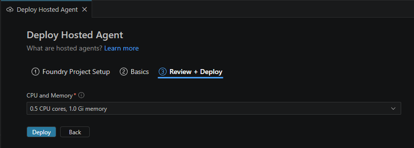 Screenshot showing step to select CPU and memory for deployment.
