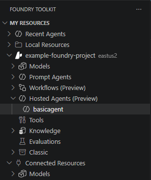 Screenshot showing the new agent listed in the Foundry Toolkit sidebar.