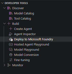 Screenshot showing the sidebar with Deploy to Microsoft Foundry selected.