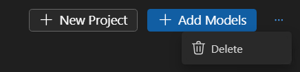 Screenshot that shows how to delete a model project. It contains a button to open mean and detele a model project.