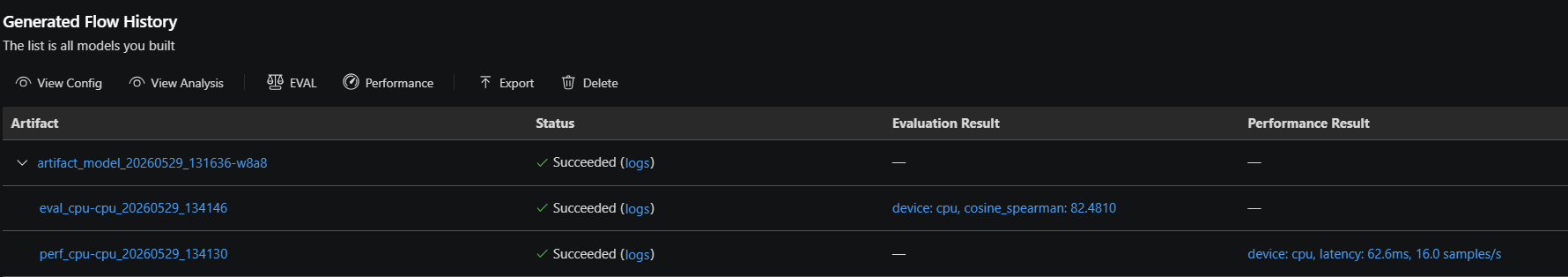 Screenshot that shows the Generated Flow History table with View Config, View Analysis, Performance, and Evaluation actions.