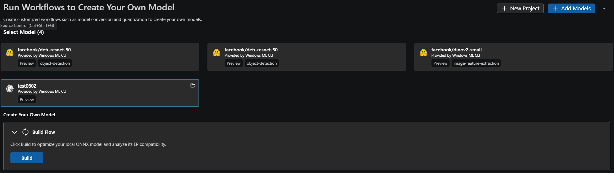 Screenshot that shows the Build Flow card for a local ONNX model with just a Build button.