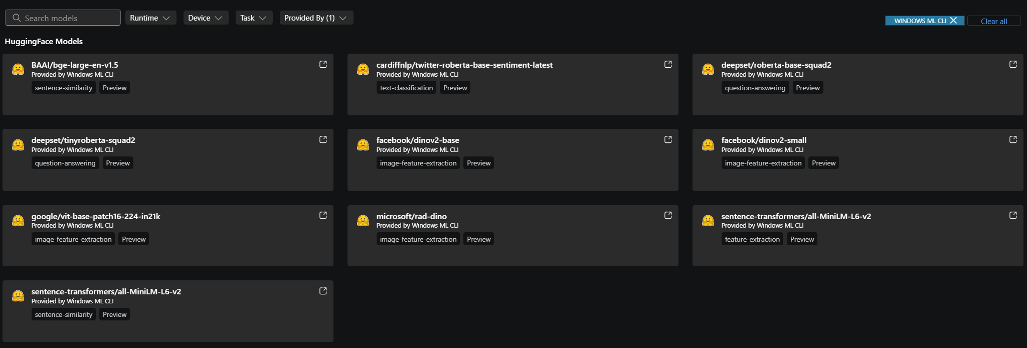 Screenshot that shows HuggingFace Models filtered by the Windows ML CLI provider.