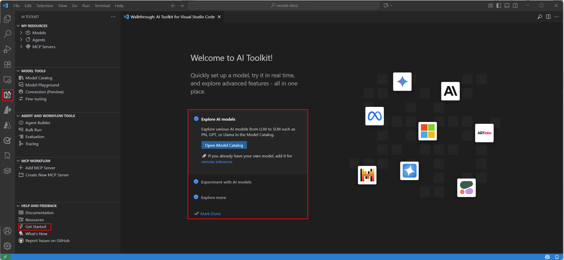 Screenshot showing the AI Toolkit view in the Side Bar, and the getting started walkthrough.