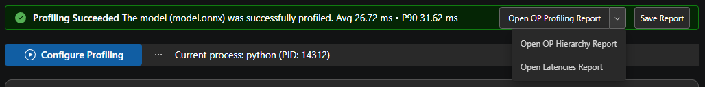 Screenshot that shows the succeeded notification with OP profiling enabled