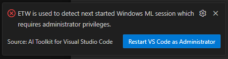Screenshot that shows a notification to restart VS Code in admin mode