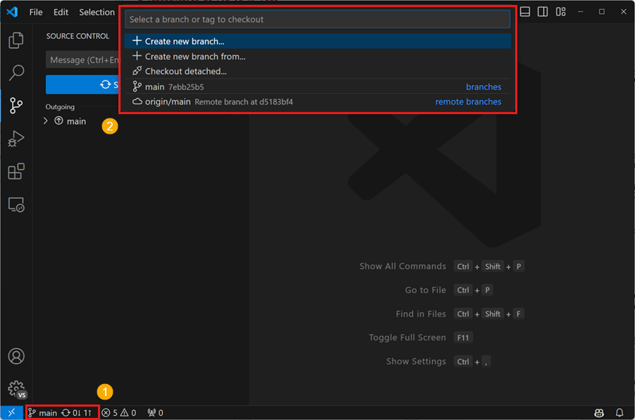 Screenshot showing the create branch dialog with branch name input and source branch selection.