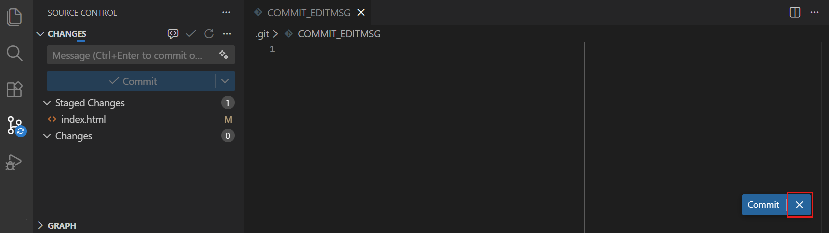 Screenshot showing the commit message written in the COMMIT_EDITMSG editor, highlighting the Cancel button.