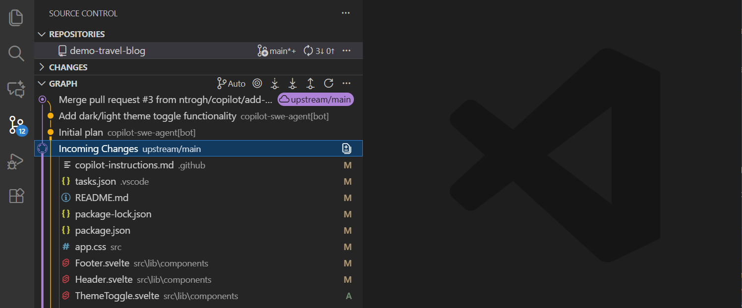 Screenshot of the Source Control Graph showing commit history and incoming/outgoing commits.