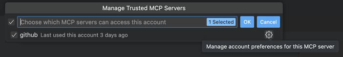 Screenshot of the "Manage Trusted MCP Servers" Quick Pick.