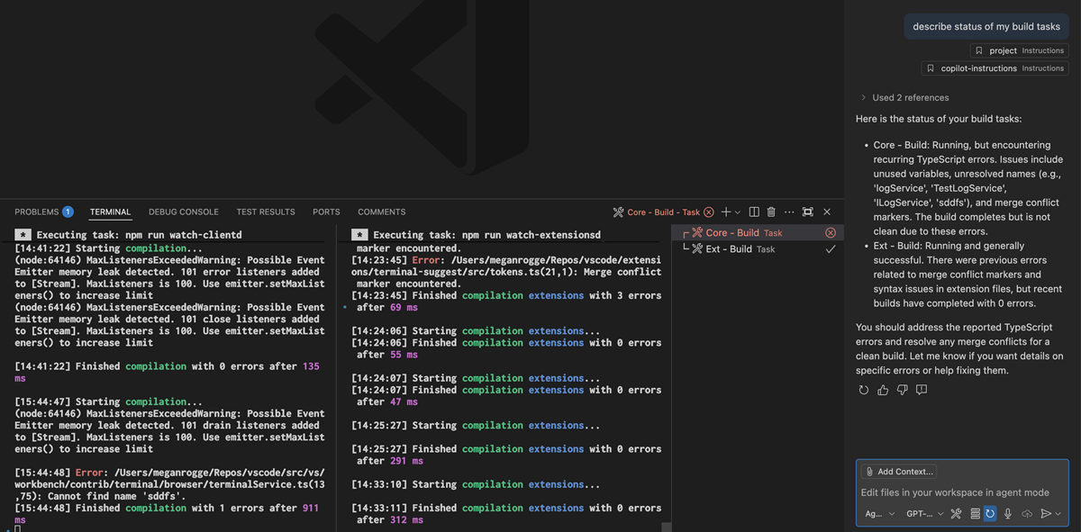 Screenshot of VS Code window showing two build tasks running in the terminal panel. The left terminal displays several errors. The chat agent replies to describe status of my build tasks with a summary of each task's output.