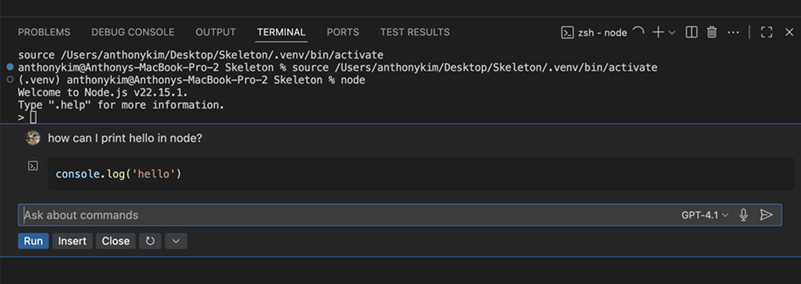 Screenshot of terminal inline chat showing node specific suggestions.