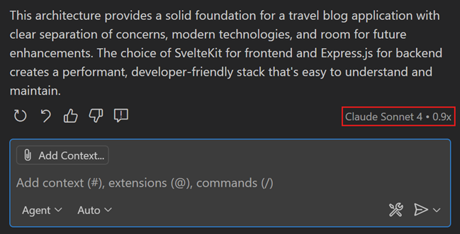 Screenshot of a chat response, showing the selected model on hover.