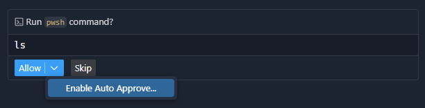 Screenshot of a terminal command in the Chat view, showing the Enable Auto Approve dropdown.