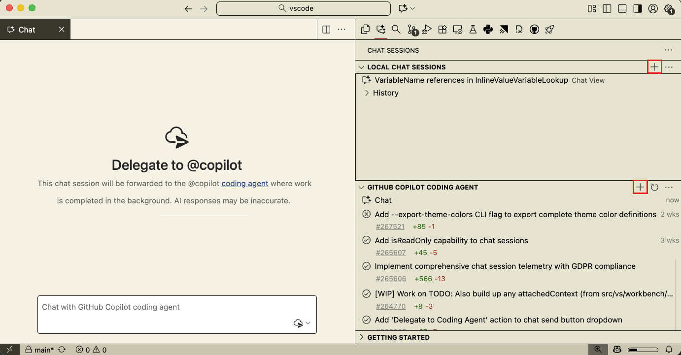 Screenshot of the Chat Sessions view with a new session open via the + button.