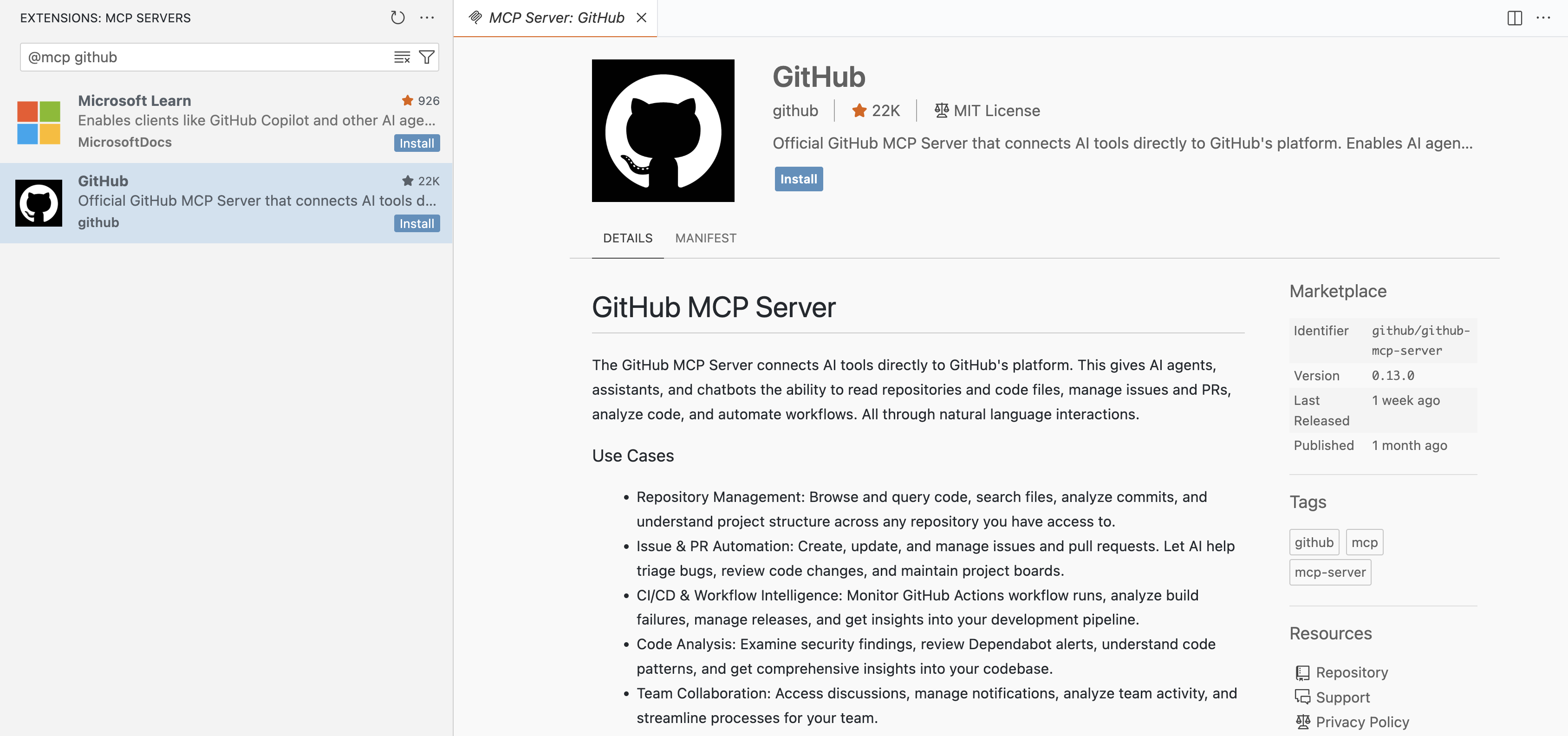 Screenshot showing the GitHub MCP server details from the MCP server marketplace inside VS Code.