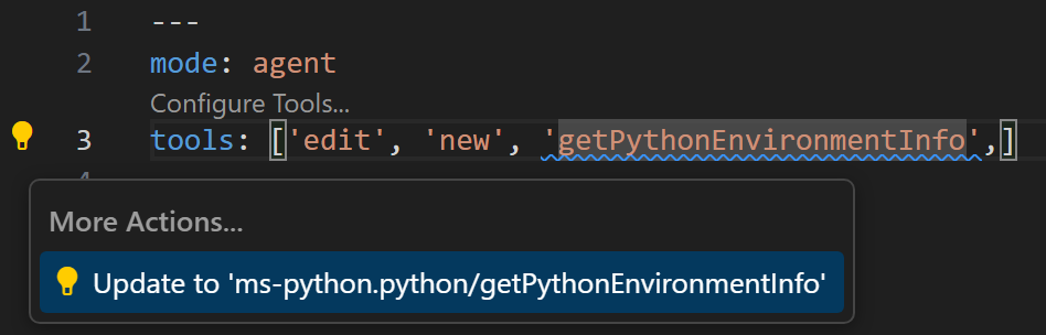 Screenshot of a prompt file showing a Code Action to update an unqualified tool name.