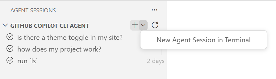 Screenshot of the CLI dropdown menu showing options to create a new CLI agent session or resume an existing one.
