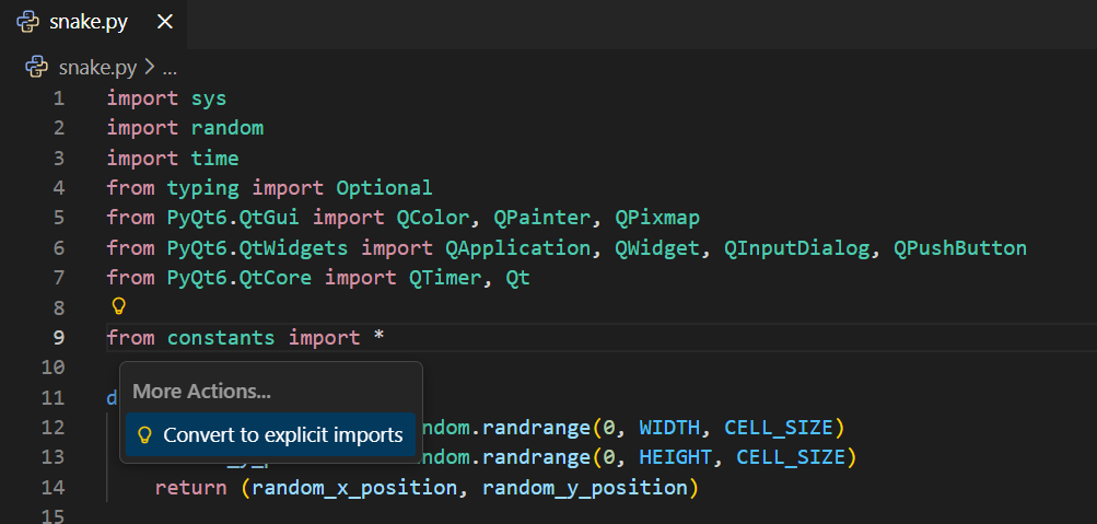 Screenshot of the Convert wildcard imports Code Action.