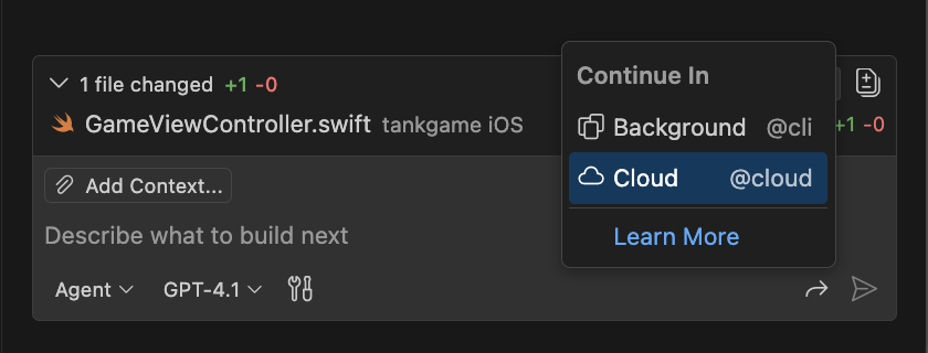 Screenshot showing the 'Continue in' button in the Chat view.