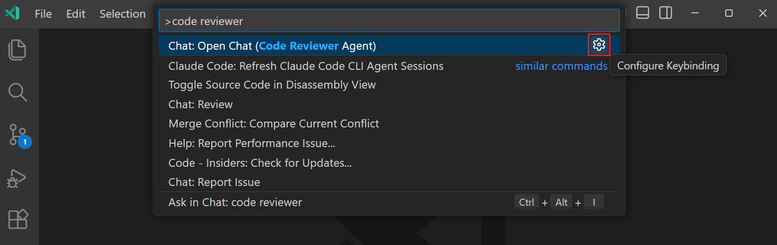 Screenshot of custom agent commands in the Command Palette.