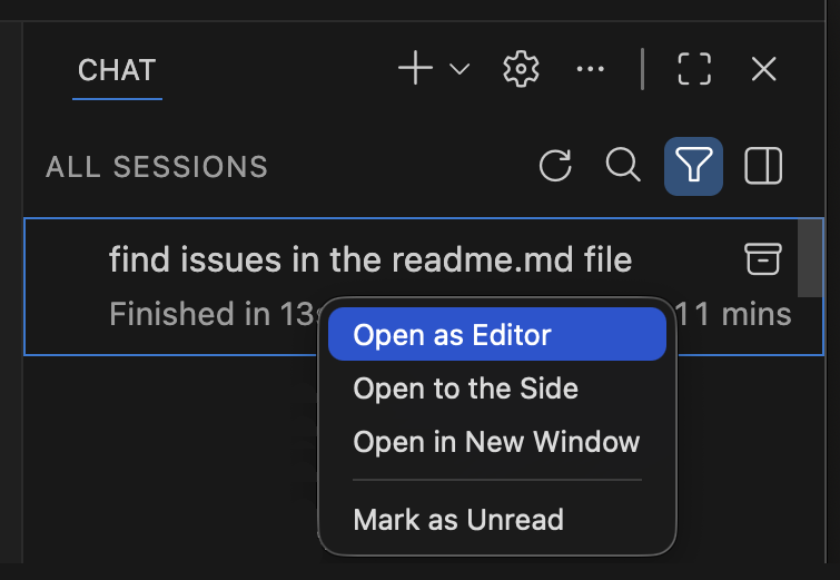 Screenshot showing the context menu of a session in the sessions list.