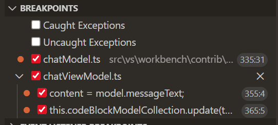 Screenshot showing the Debug view with breakpoints organized in a tree by file.