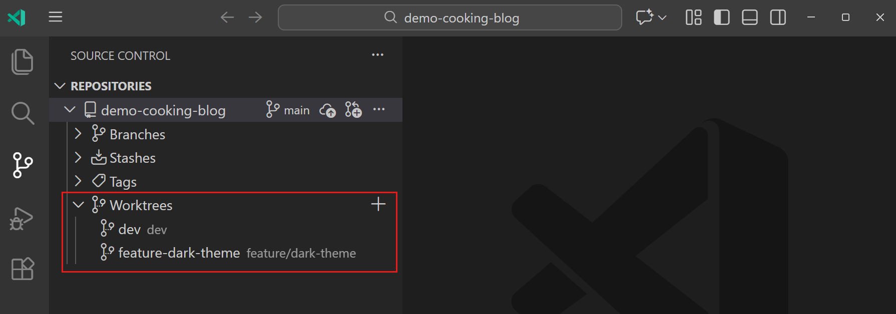Screenshot showing the Worktrees node in the Source Control Repositories view with a list of worktrees