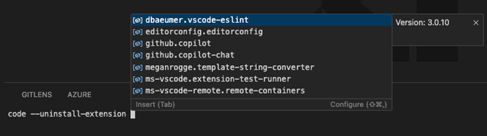 Screenshot of the VSCode terminal with code --uninstall-extension. A list of available extensions is displayed, including vscode-eslint and editorconfig.